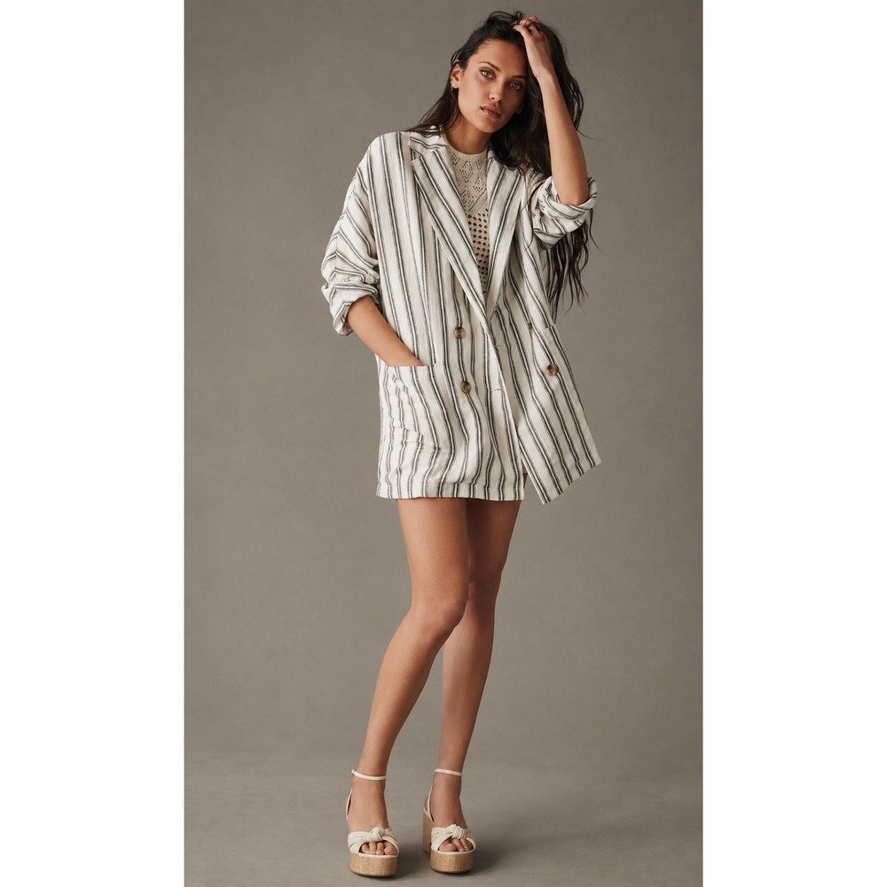 Anthropologie Pilcro Clean Girl Linen Blend Striped Blazer Jacket Over Size‎ S